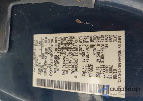 2008 Nissan Titan Le/Se/Xe z USA, uszkodzony, nr VIN 1N6BA06A58N358468